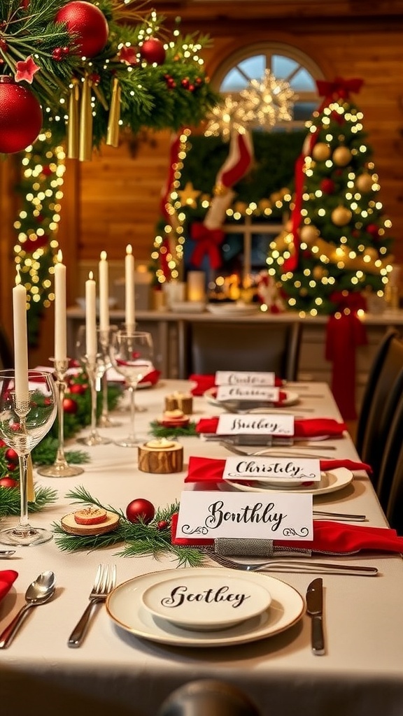 A festive Christmas table setting with personalized name tags, decorated with red and green accents.